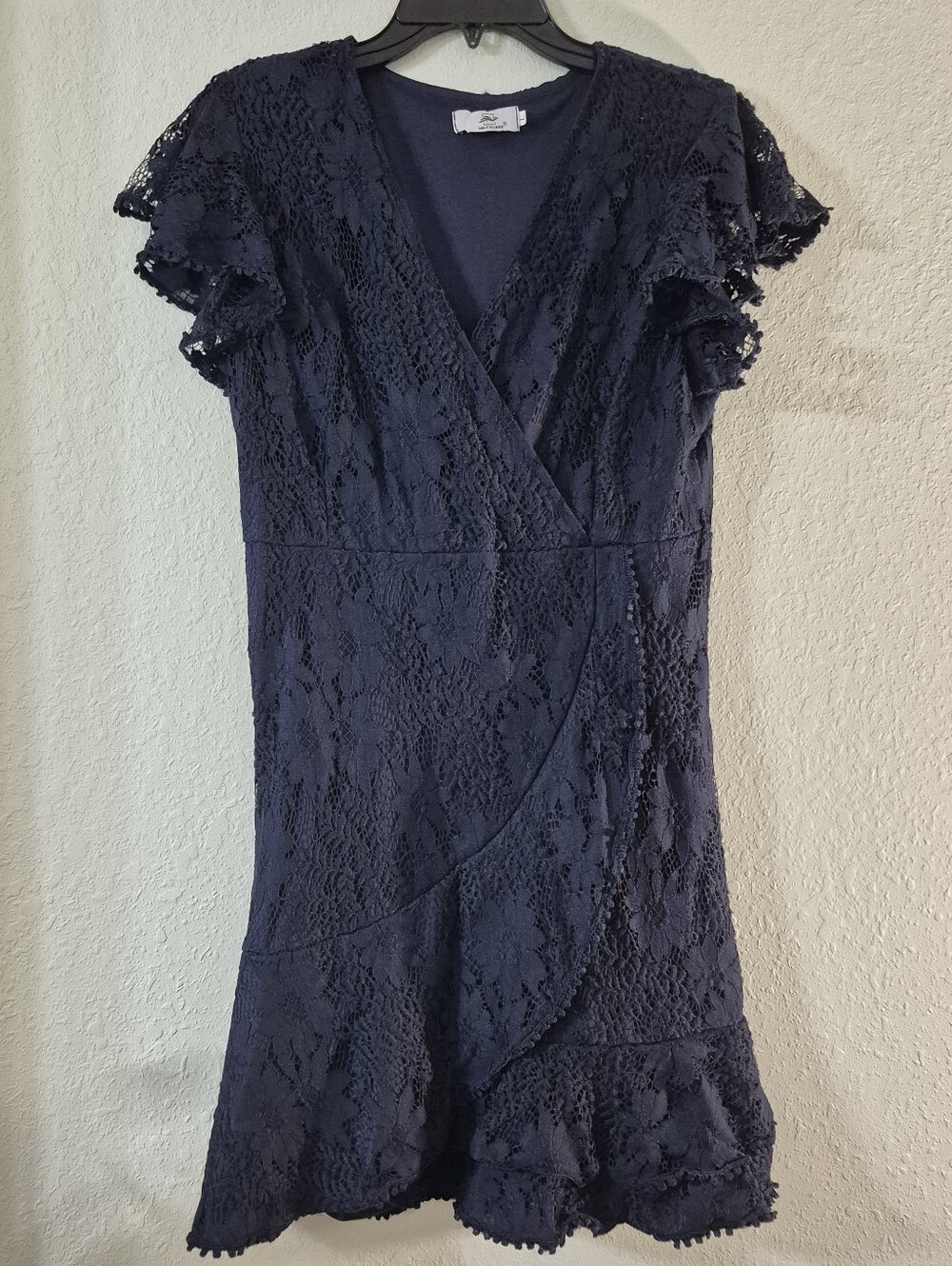 Navy Lace Faux-Wrap Mini Dress with Ruffle Hem
